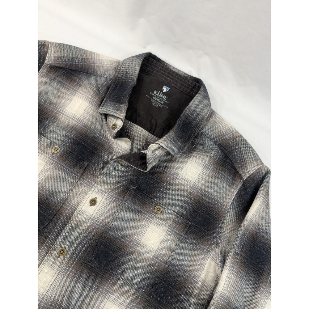 Kuhl The Law Flannel Shirt Mens Medium Shadow Plaid Hiking Outdoor Gray Brown